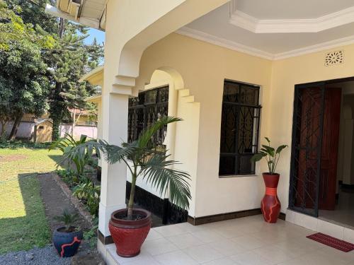 a house with two potted plants in front of it at Maasai house in Arusha