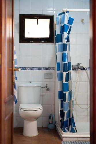 a bathroom with a toilet and a shower curtain at Casa Amarilla de Playa Benijo in Almáciga