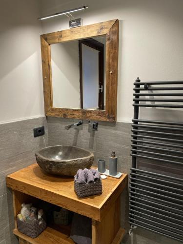 a bathroom with a sink and a mirror at Il Sole delle Dolomiti in Campestrin
