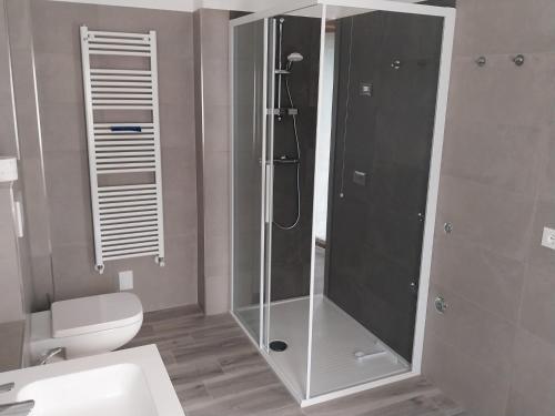 a bathroom with a shower with a toilet and a sink at The View 1 in Teglio