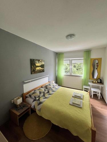 a bedroom with a large bed with green curtains at Rooms Danica in Donji Babin Potok