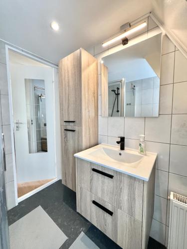a bathroom with a sink and a mirror at Bosgeluk Durbuy in Durbuy