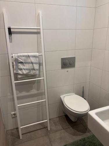a white bathroom with a toilet and a sink at Apartment - Wohnen auf Zeit in Ursensollen