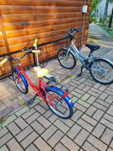 two bikes parked next to each other on a sidewalk at Leśna Polana- Kompleks Domków Mieszkalnych in Kamionka