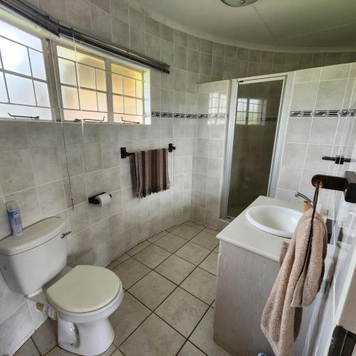 a bathroom with a toilet and a sink at Simply Rooted Cottage in Piet Retief