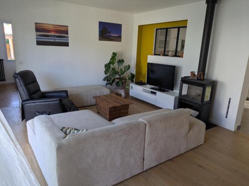 un salon avec un canapé et une télévision dans l'établissement VILLA with swimming pool near Ocean and Forest, à Anglet