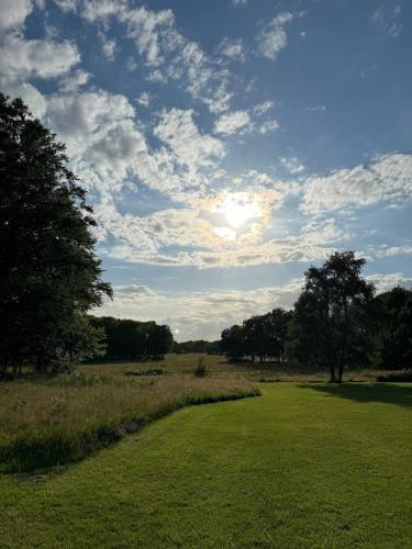 a field of grass with the sun in the sky at Idyllically nice house on Bjärehalvön, Torekov! in Båstad