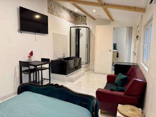 - un salon avec une télévision, un canapé et un lavabo dans l'établissement Maisonnette romantique avec balnéothérapie - Redroom, à Marseille