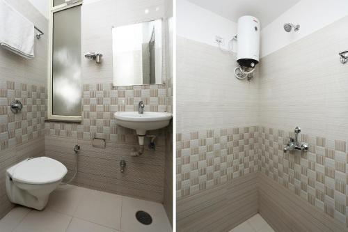 two pictures of a bathroom with a toilet and a sink at Hotel O Relax in Gwalior