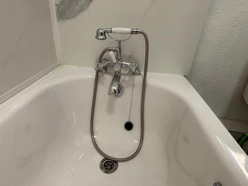 a bath tub with a shower in a bathroom at Amazing Studio in London-L in Harrow Weald