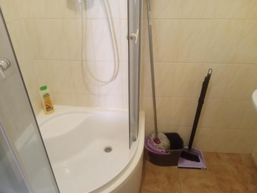 a bathroom with a shower and a tub with mop at DOBA - Центр - Бограч 2 кім 6 міс Завжди тепла ! in Mukacheve