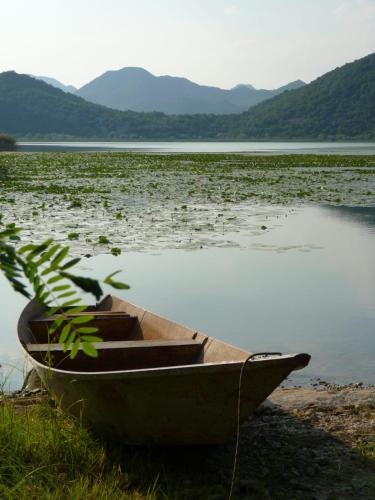 a boat sitting on the shore of a lake at Feel the village in Virpazar