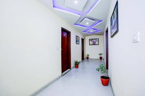 a hallway with potted plants and a blue ceiling at Hotel Airport View at Delhi Airport by Global Group in New Delhi