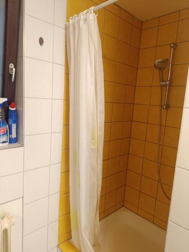 a shower with a white shower curtain in a bathroom at Wohnung auf dem Bezenberg in Kaiserslautern