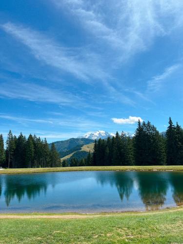 a large lake with a snow covered mountain in the background at Location en Val d'Arly avec vue in Cohennoz