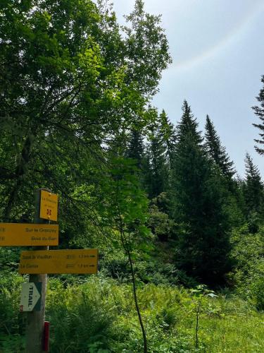 a wooden sign with arrows on a road at Location en Val d'Arly avec vue in Cohennoz