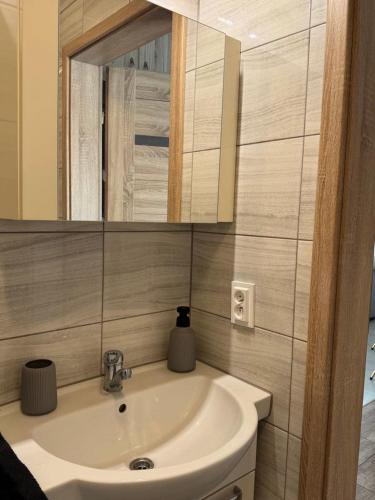 a bathroom with a sink and a mirror at Agro Komfort Olecko in Olecko