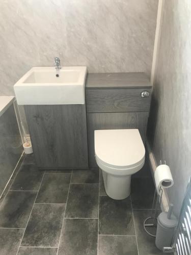 a bathroom with a white toilet and a sink at Three-Bedroom House Perfect for Contractors and Small Groups, sleeps 5 people in Durham in Bishop Auckland