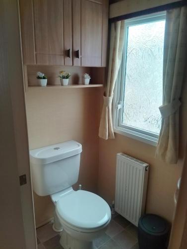 a bathroom with a toilet and a window at Comfy caravan in Eyemouth in Eyemouth