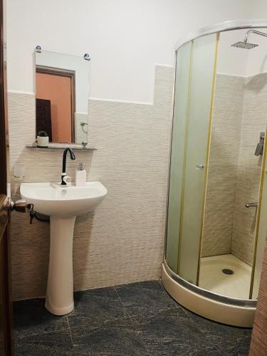 a bathroom with a sink and a shower at Mashi's Villa in Sigiriya