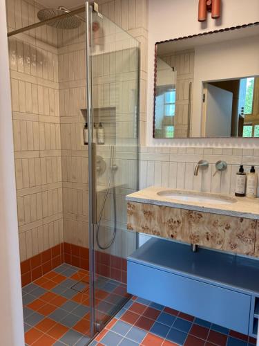a bathroom with a shower and a sink and a mirror at Kalbornia LAKE & POOL HOUSE by JWPM in Brzeźno Mazurskie
