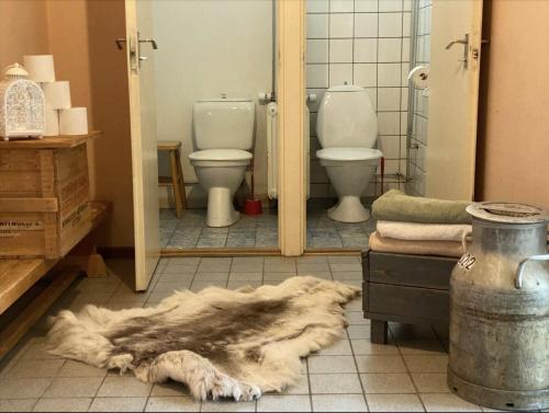 a bathroom with two toilets and a fur rug on the floor at Skolan - Boende Vindelälven in Gargnäs