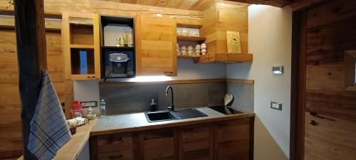 a kitchen with wooden cabinets and a sink at B&B Ca' La Vedescia in Teglio