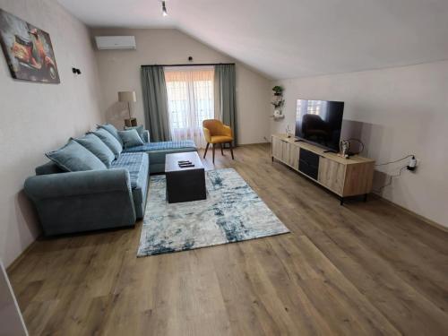 a living room with a couch and a tv at Lazarevski Apartments Kumanovo in Kumanovo