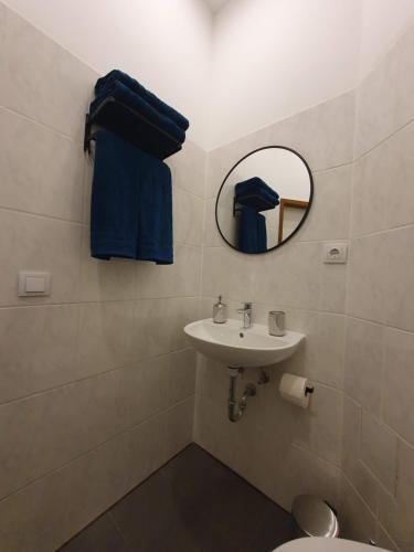a bathroom with a sink and a mirror and a toilet at Akdeniz Pension in Ludwigsfelde