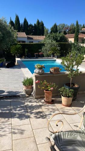 a patio with potted plants and a swimming pool at Une Amazone en Povence in Paradou