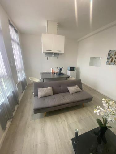 ein Wohnzimmer mit Couch und Küche in der Unterkunft La VIVA 1er in Calais