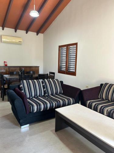 a living room with two couches and a piano at MH Hostel in Encarnación