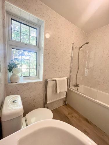 a bathroom with a toilet and a tub and a sink at Lovely 2-Bedroom New Forest apartment on a Farm in New Milton