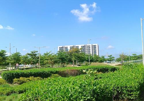 a park with bushes and buildings in the background at Lajoya in Barranquilla