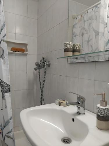 a bathroom with a sink and a shower at Angelo's Apt in Mesochórion