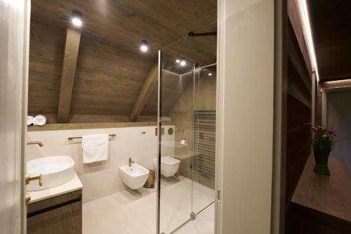 a bathroom with a toilet and a sink and a shower at Chalupy Raz Dva in Roprachtice
