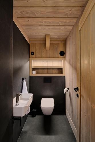 a bathroom with a white toilet and a sink at Chalupy Raz Dva in Roprachtice