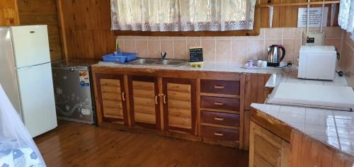 a kitchen with a sink and a refrigerator at Viva O Sonho 