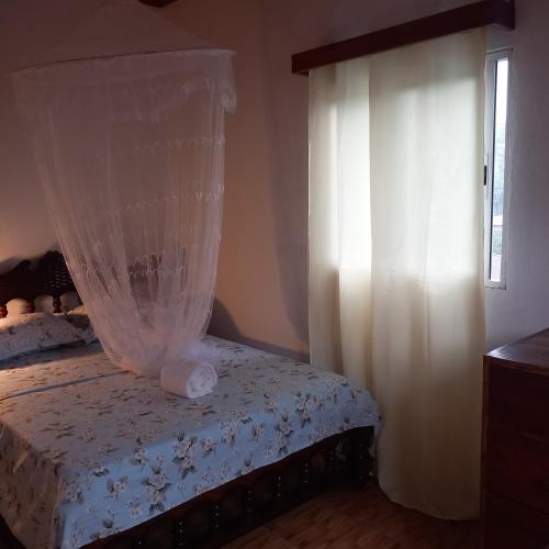 a bedroom with a bed with a curtain and a window at Kela Guest House in Santa Cruz