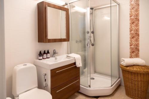 un bagno con doccia, WC e lavandino di Villa Iris, Nagu a Finby