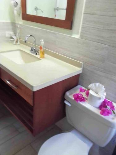a bathroom with a sink and a toilet with flowers on it at Hummingbird Villa in Saint Johnʼs