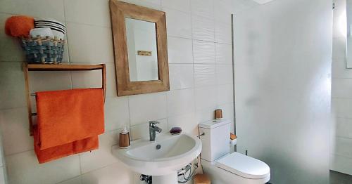 a bathroom with a sink and a toilet and a mirror at ZNK Family House in Skopje