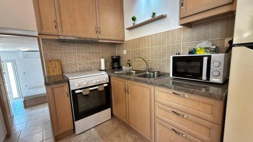 a small kitchen with a microwave and a sink at Madou house in Leonidion