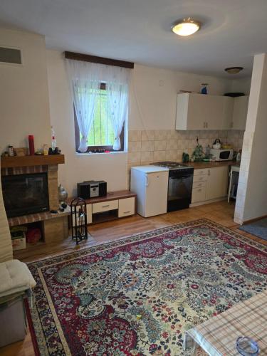 a living room with a kitchen with a rug at Bella 