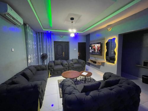 a living room with couches and a tv and a table at Amwallode Modern Luxury Apartment in Ibadan Central in Ibadan