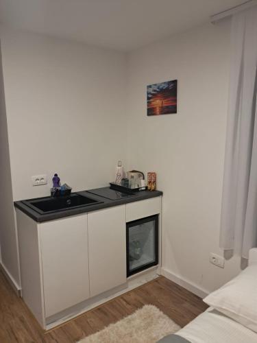 a kitchen with a counter top and a fireplace at Galija in Tomislavgrad