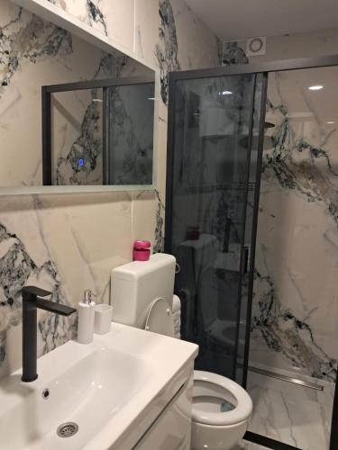 a bathroom with a shower and a toilet and a sink at Galija in Tomislavgrad