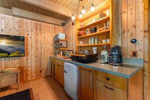 a kitchen with wooden walls and a counter top at Getaway with Hot Tub, EV Charger in Lake Arrowhead