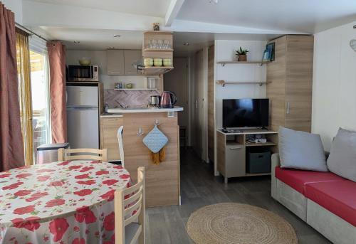 a small kitchen and living room with a table and a couch at Mobil home Apollon Riviera in Saint-Papoul