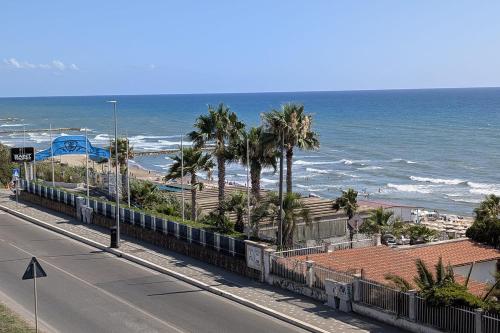 an empty road next to a beach with palm trees at B&B Naiadi Anzio in Anzio